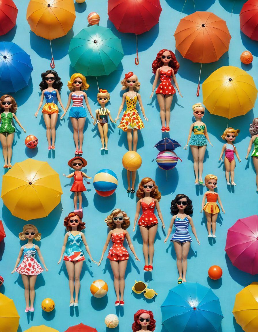 A whimsical scene featuring a collection of playful dolls dressed in vibrant swimwear from different eras, showcasing styles from the vintage 1950s to modern chic. The backdrop features a sunny beach with colorful umbrellas and beach balls, emphasizing a fun and nostalgic vibe. Each doll should have distinct hairstyles and accessories that reflect their fashion era. Bright and cheerful colors should dominate the image, inviting a sense of joy and celebration. cartoonish style. vibrant colors. sunny beach setting.